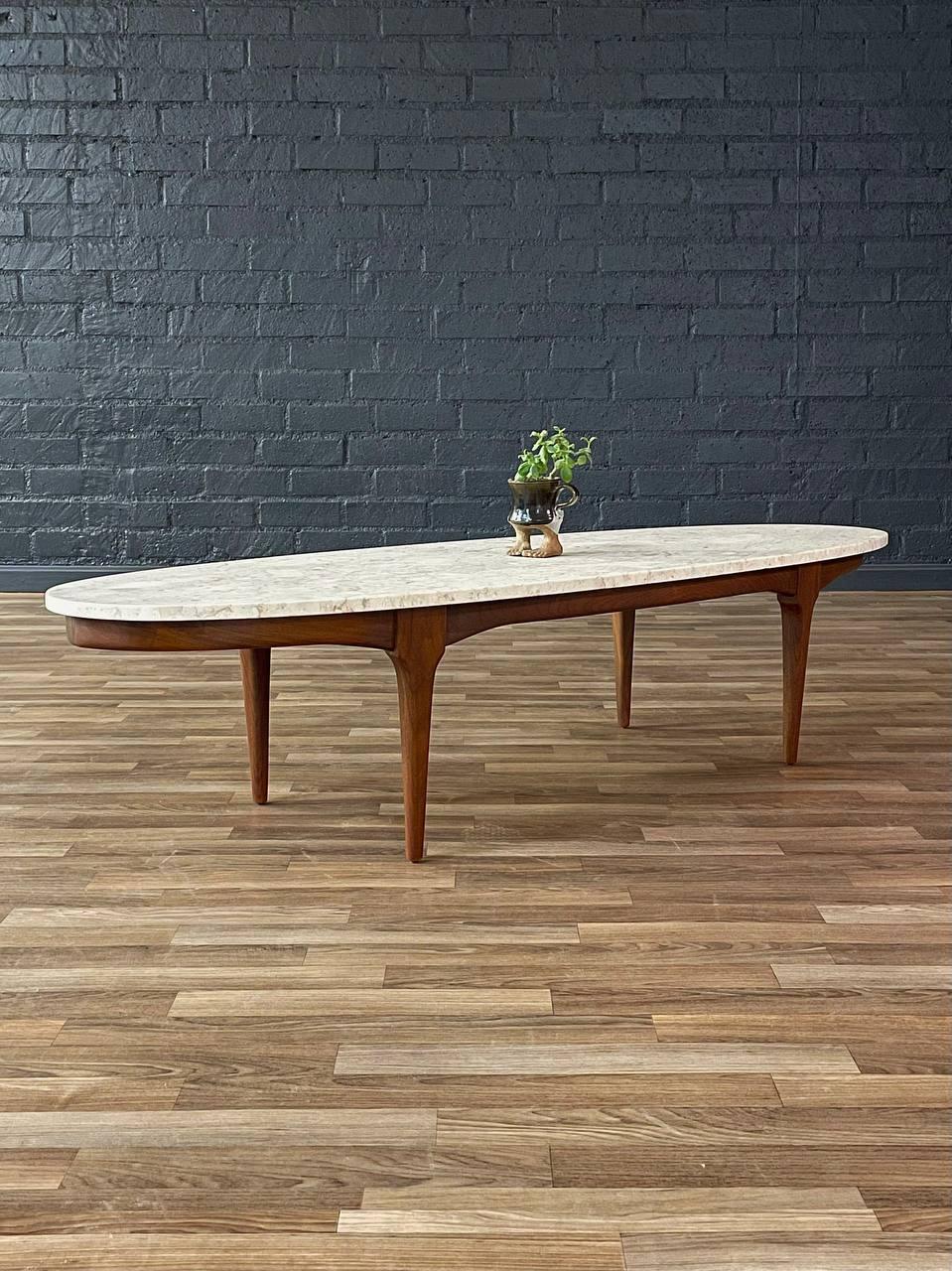 American Newly Refinished -Mid-Century Modern Surfboard Style Marble, Walnut Coffee Table