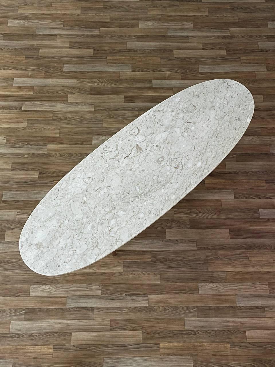 Newly Refinished -Mid-Century Modern Surfboard Style Marble, Walnut Coffee Table In Excellent Condition In Los Angeles, CA