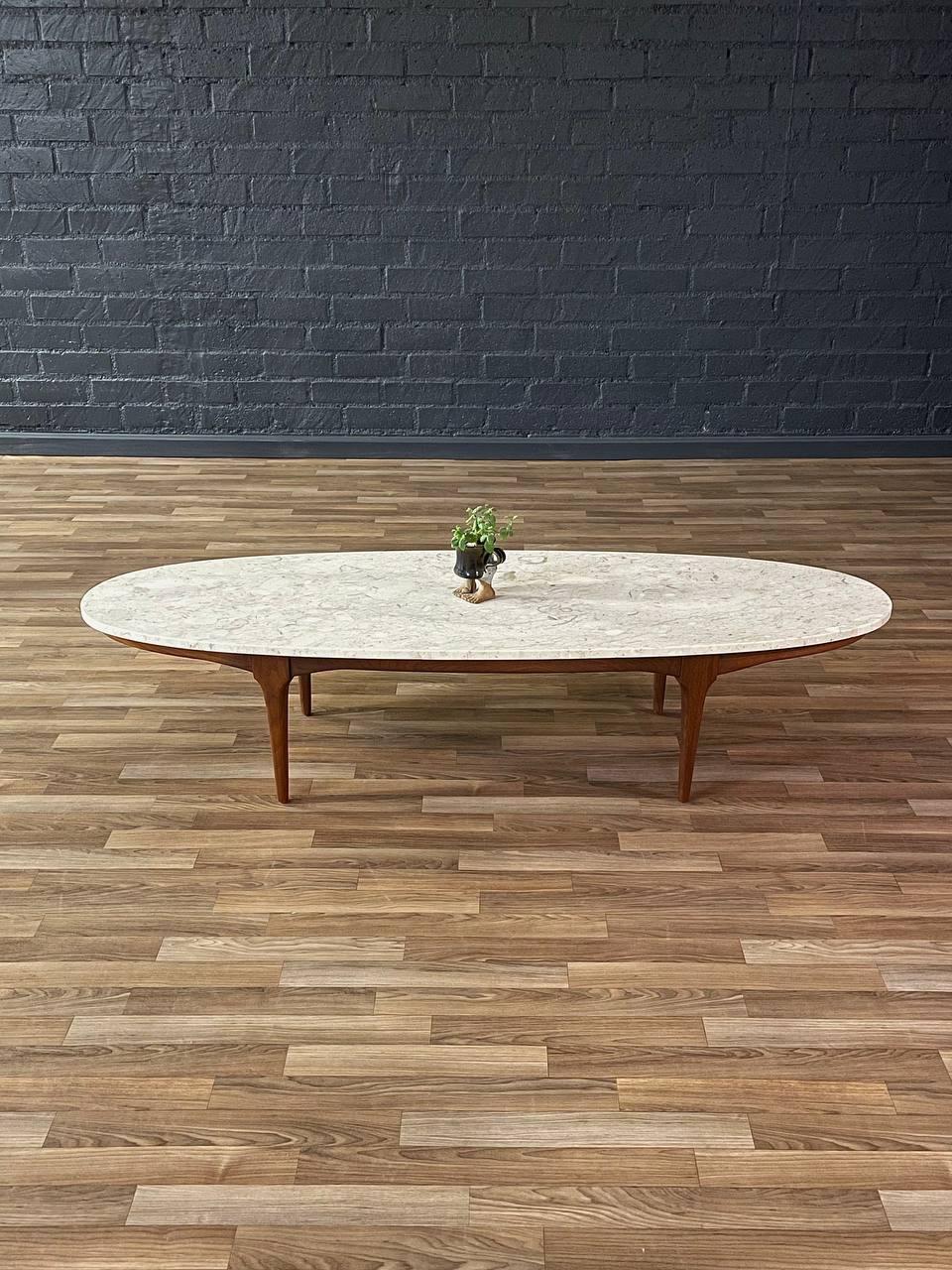 Mid-20th Century Newly Refinished -Mid-Century Modern Surfboard Style Marble, Walnut Coffee Table