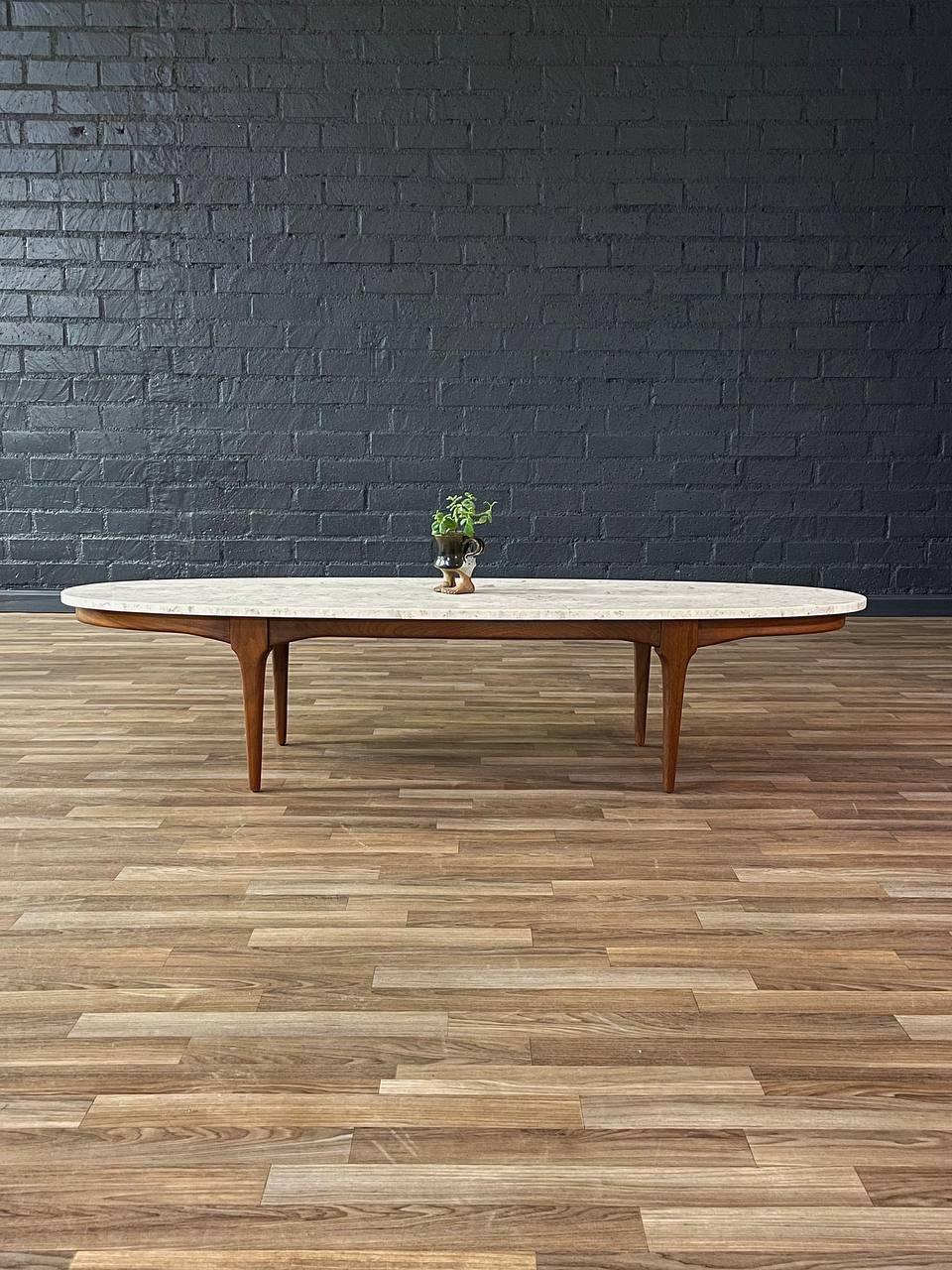 Newly Refinished -Mid-Century Modern Surfboard Style Marble, Walnut Coffee Table 1