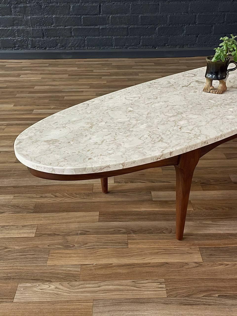 Newly Refinished -Mid-Century Modern Surfboard Style Marble, Walnut Coffee Table 2