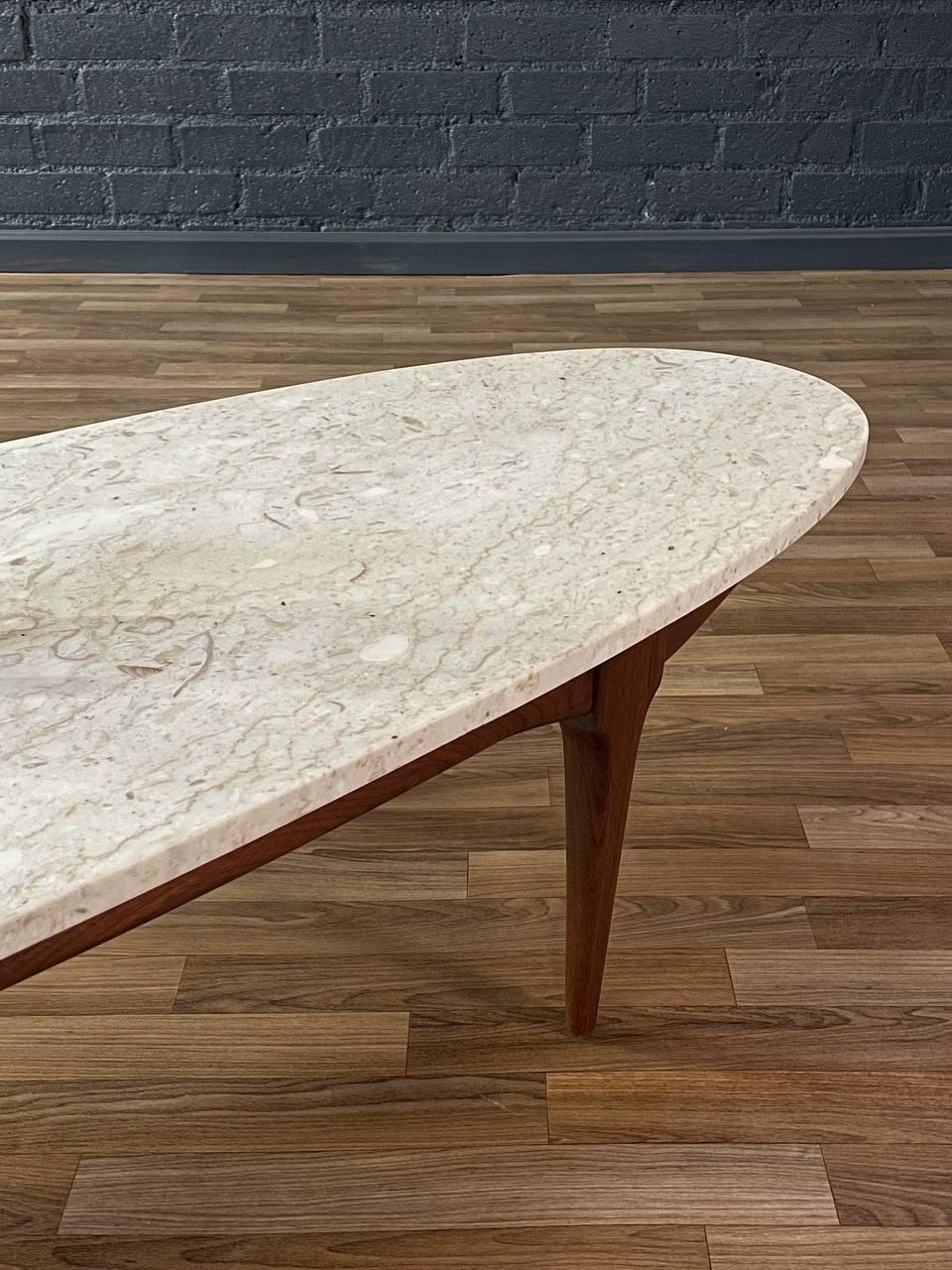 Newly Refinished -Mid-Century Modern Surfboard Style Marble, Walnut Coffee Table 3