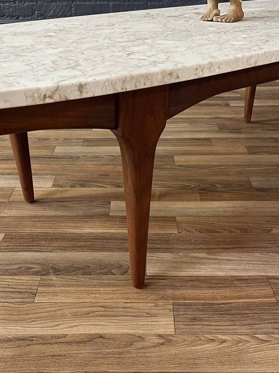 Newly Refinished -Mid-Century Modern Surfboard Style Marble, Walnut Coffee Table 4