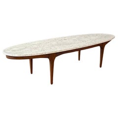 Newly Refinished -Mid-Century Modern Surfboard Style Marble, Walnut Coffee Table