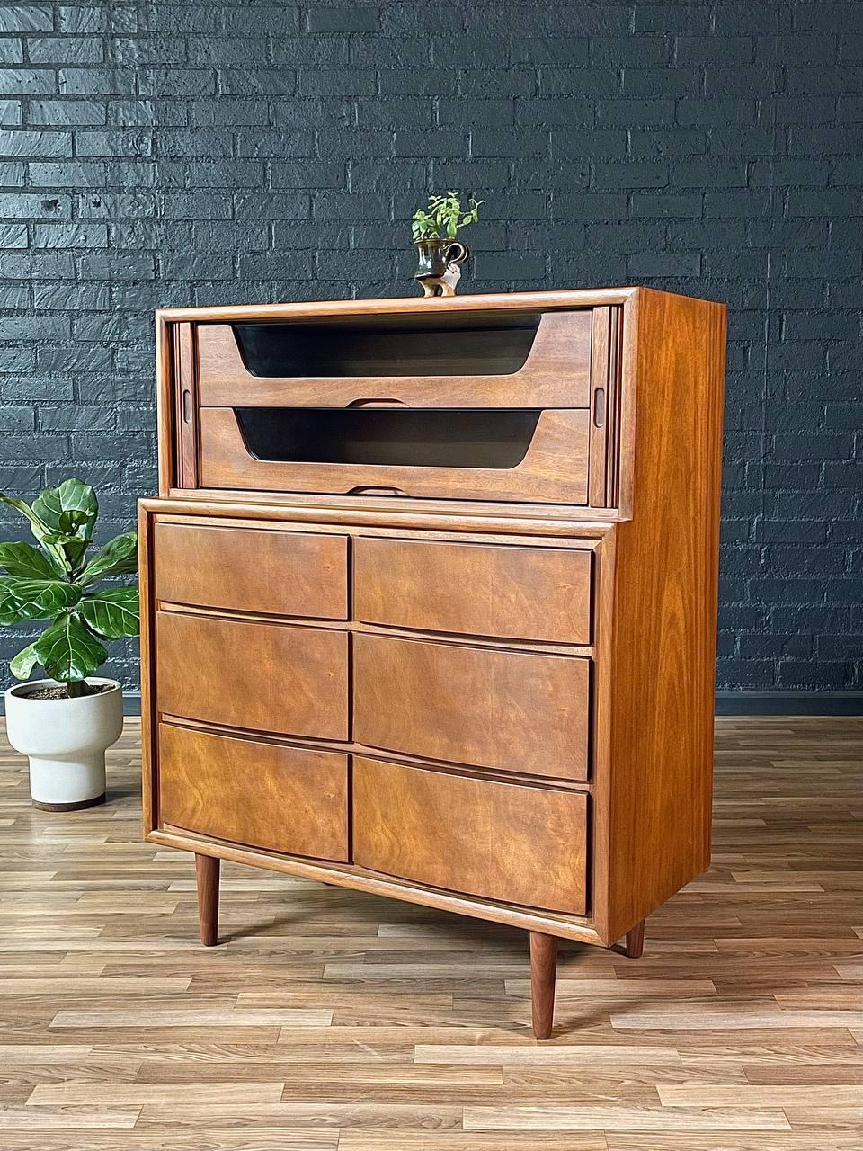 American Newly Refinished - Mid-Century Modern Tambour-Door Highboy Dresser For Sale