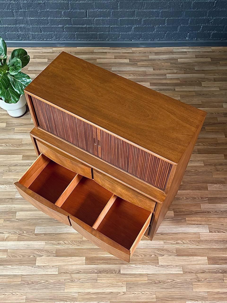Glass Newly Refinished - Mid-Century Modern Tambour-Door Highboy Dresser For Sale