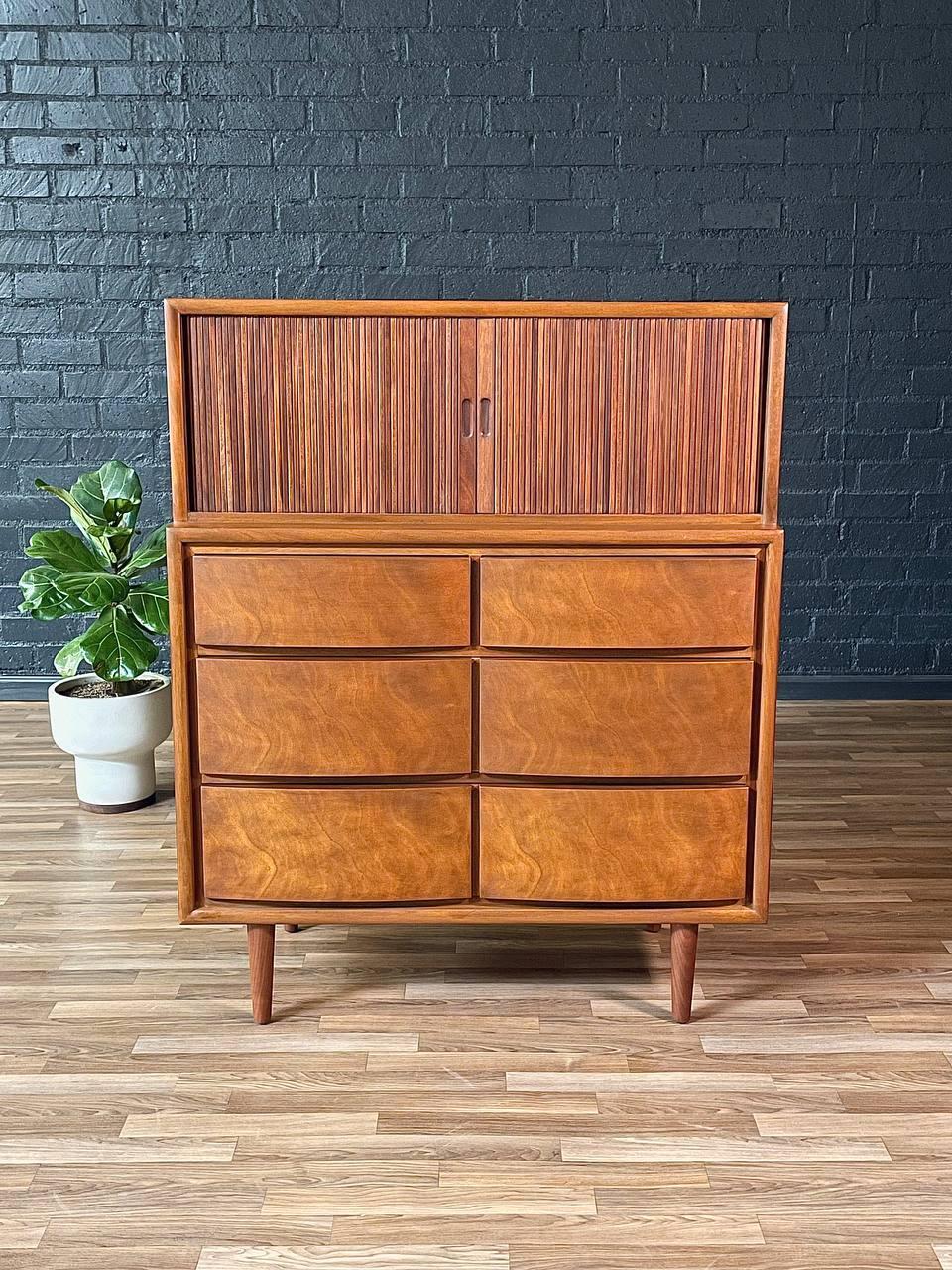 Newly Refinished - Mid-Century Modern Tambour-Door Highboy Dresser For Sale 1