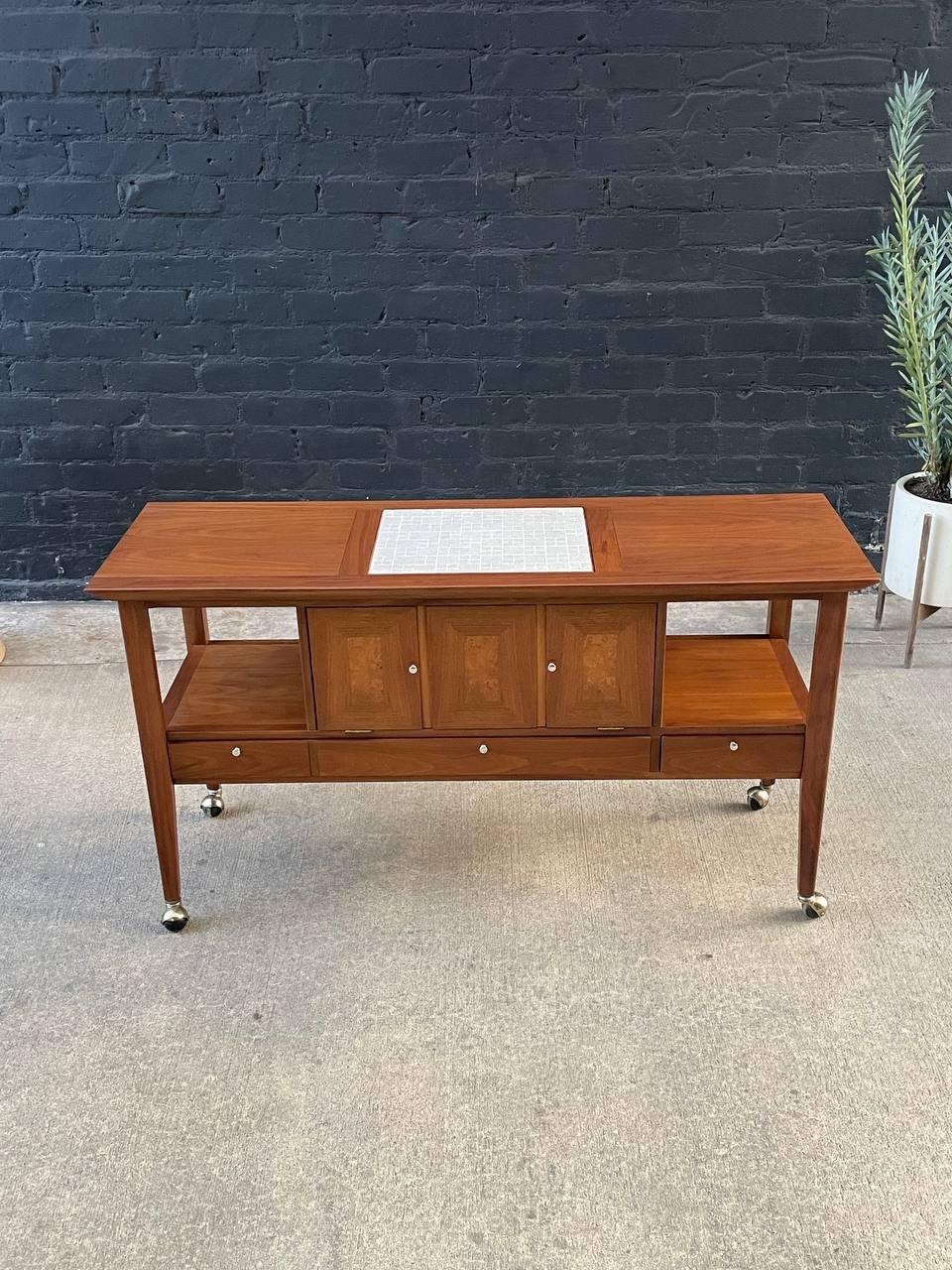 Newly Refinished - Mid-Century Modern Tile Fliptop Insert Drop Front Credenza In Excellent Condition For Sale In Los Angeles, CA