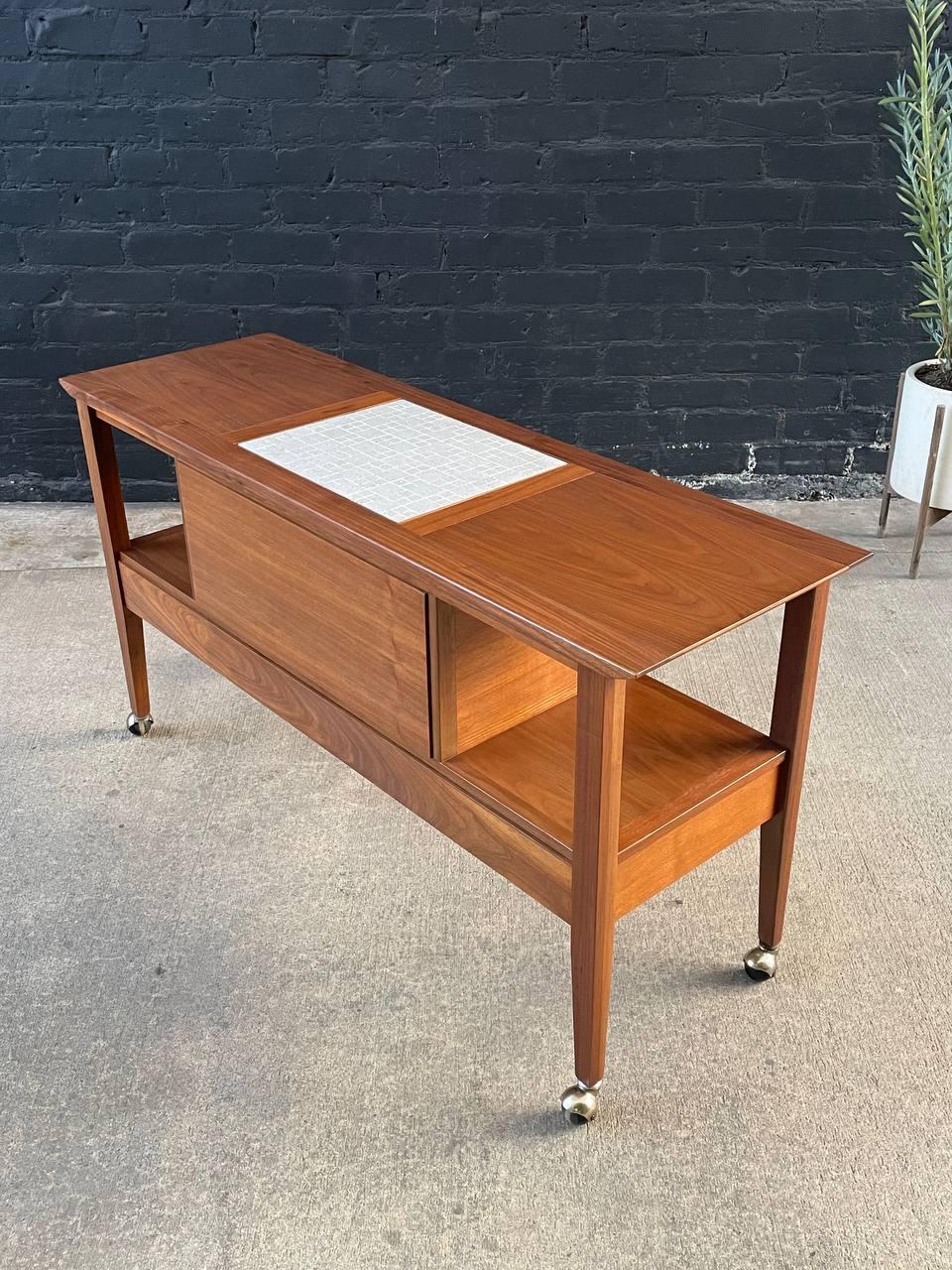 Mid-20th Century Newly Refinished - Mid-Century Modern Tile Fliptop Insert Drop Front Credenza For Sale