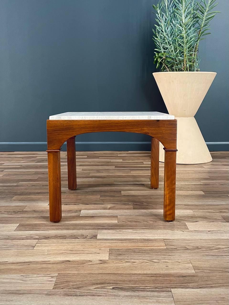 Newly Refinished - Mid-Century Modern Travertine Stone Side Table by John Keal In Excellent Condition For Sale In Los Angeles, CA