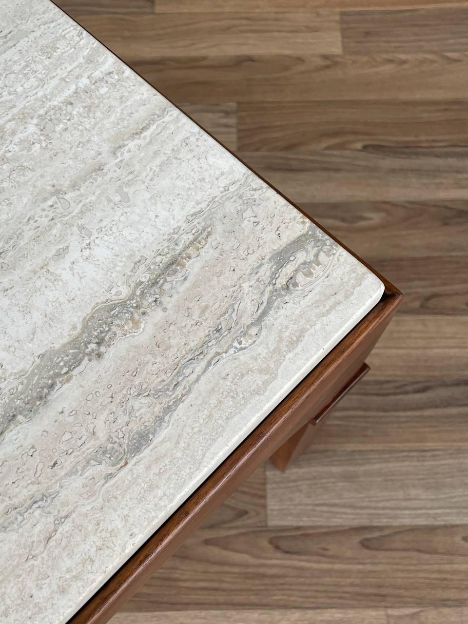 Newly Refinished - Mid-Century Modern Travertine Stone Side Table by John Keal For Sale 4