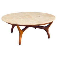 Vintage Newly Refinished - Mid-Century Modern Travertine & Walnut Coffee Table
