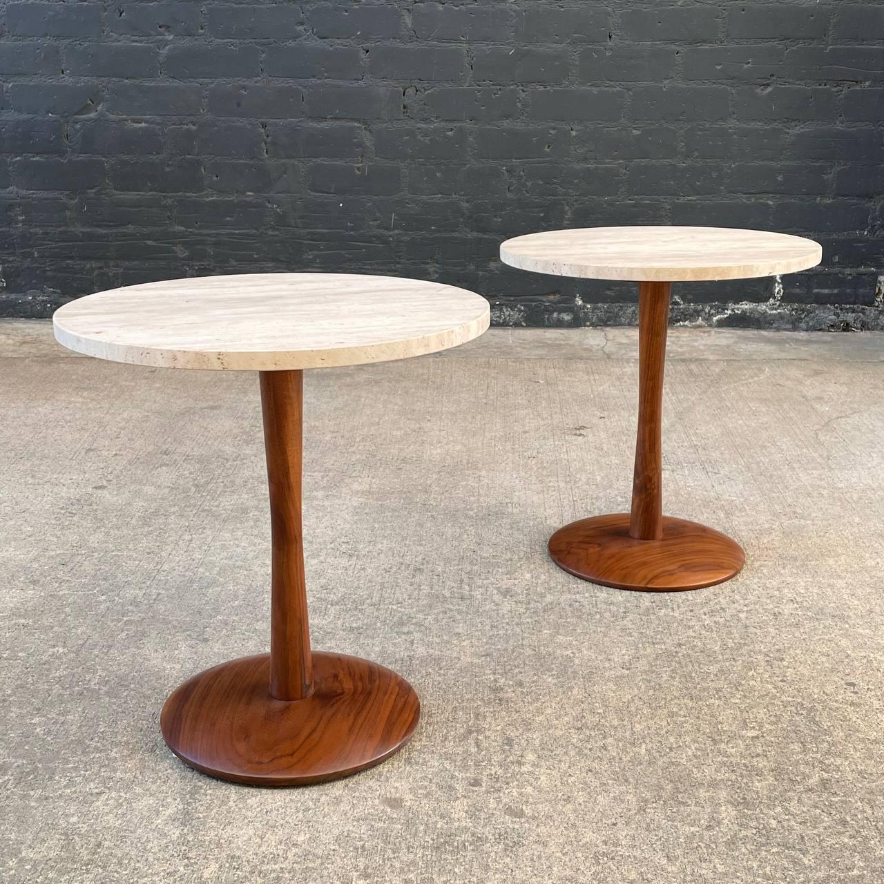 American Newly Refinished - Mid-Century Modern Tulip Style Travertine Side Tables For Sale