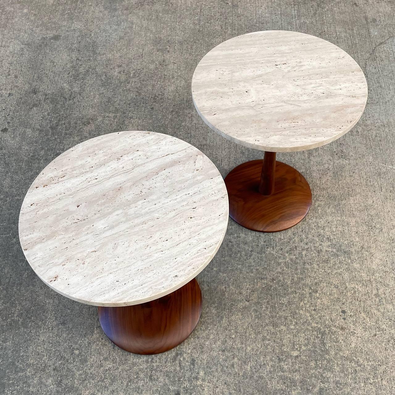 Newly Refinished - Mid-Century Modern Tulip Style Travertine Side Tables In Good Condition For Sale In Los Angeles, CA