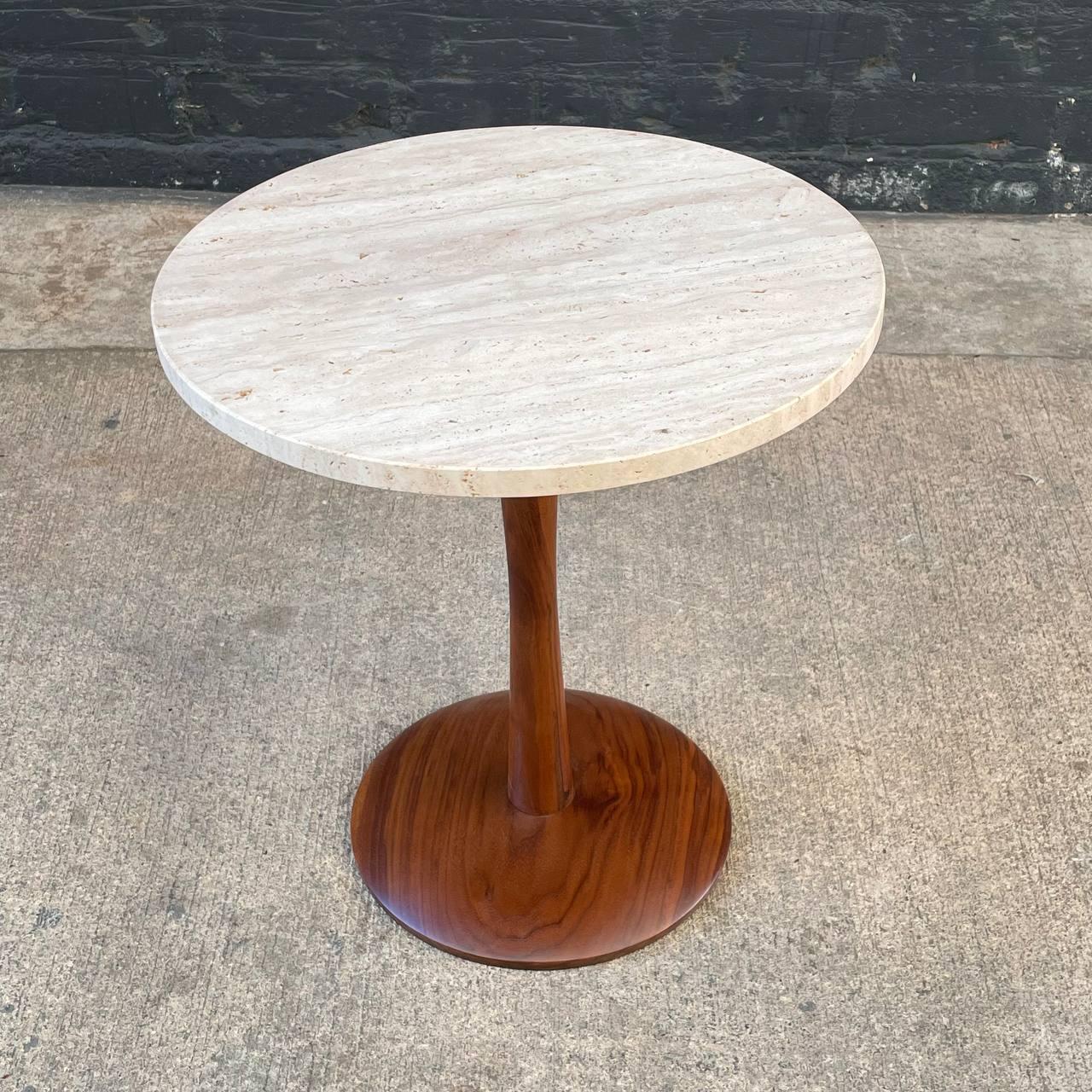 Mid-20th Century Newly Refinished - Mid-Century Modern Tulip Style Travertine Side Tables For Sale