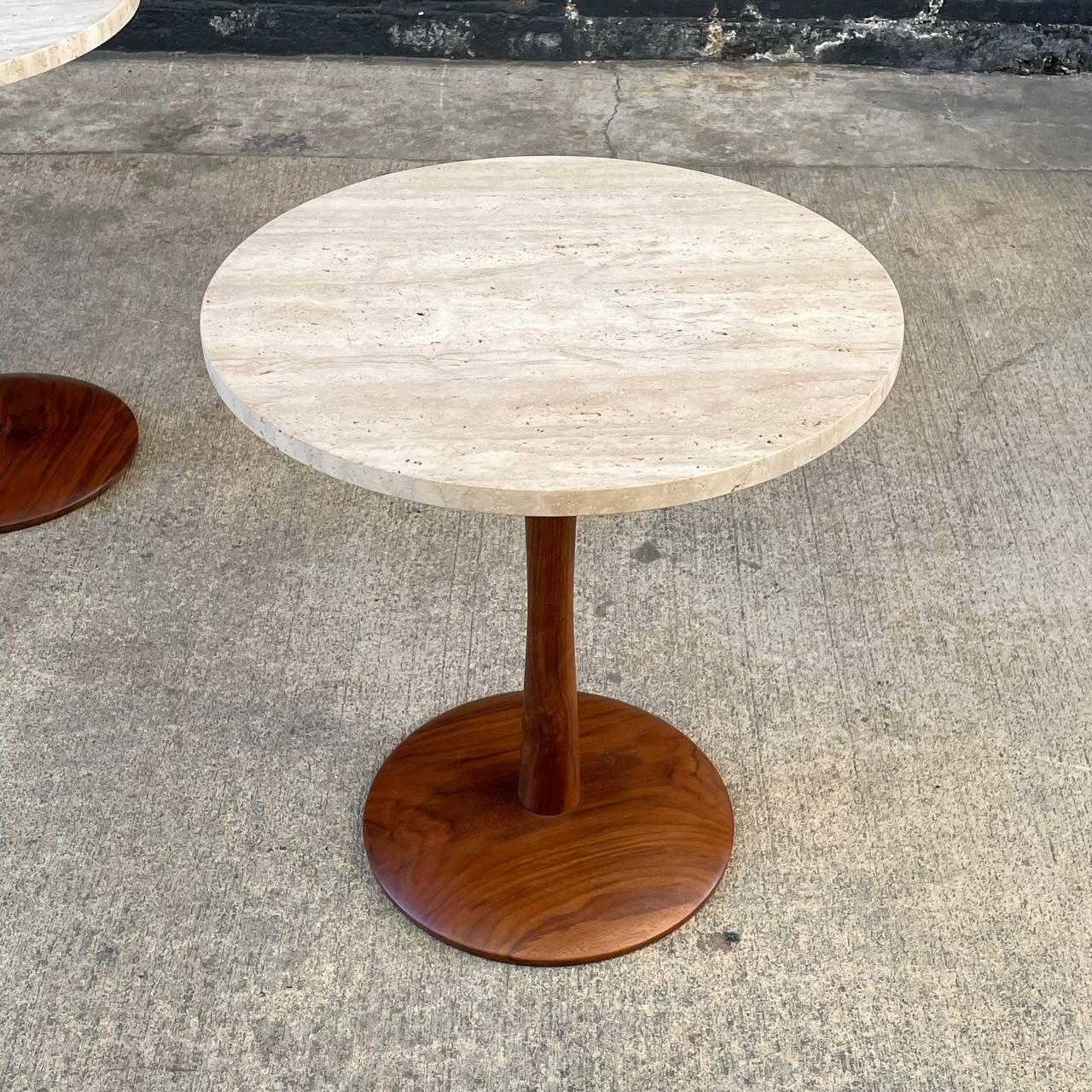 Newly Refinished - Mid-Century Modern Tulip Style Travertine Side Tables For Sale 1
