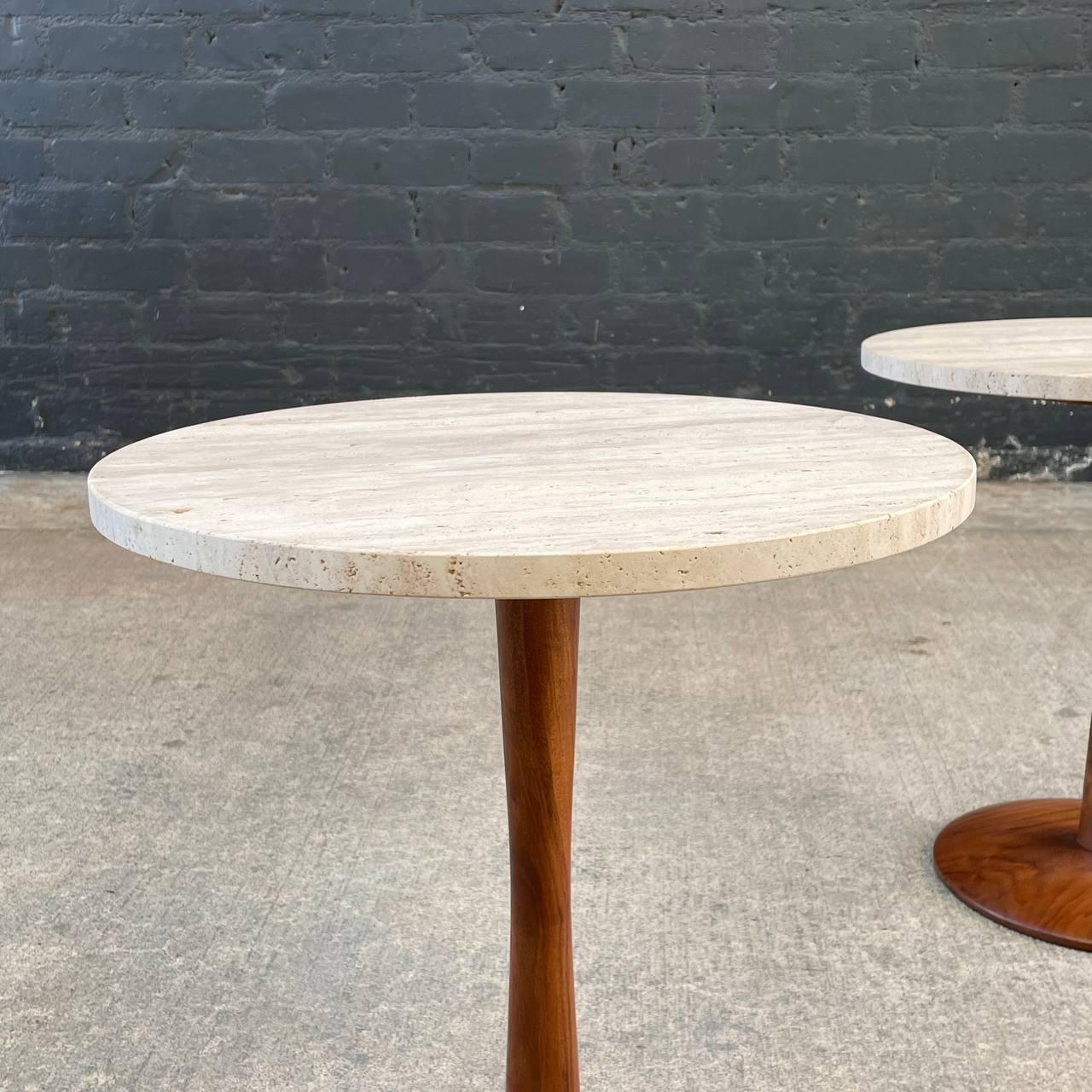 Newly Refinished - Mid-Century Modern Tulip Style Travertine Side Tables For Sale 2