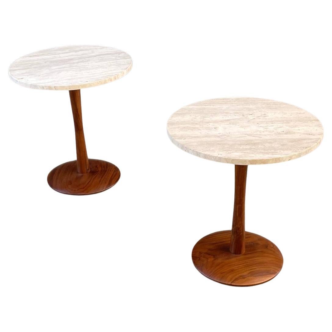 Newly Refinished - Mid-Century Modern Tulip Style Travertine Side Tables For Sale