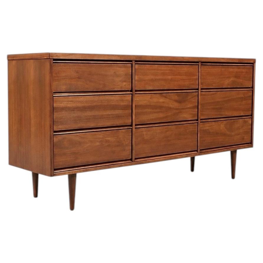 Newly Refinished-Mid Century Modern Walnut 9-Drawer Dresser by Gevurtz Furniture
