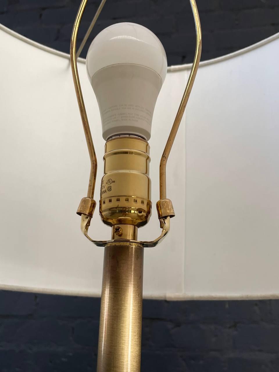Newly Refinished - Mid-Century Modern Walnut & Brass Accent Tripod Floor Lamp In Excellent Condition For Sale In Los Angeles, CA