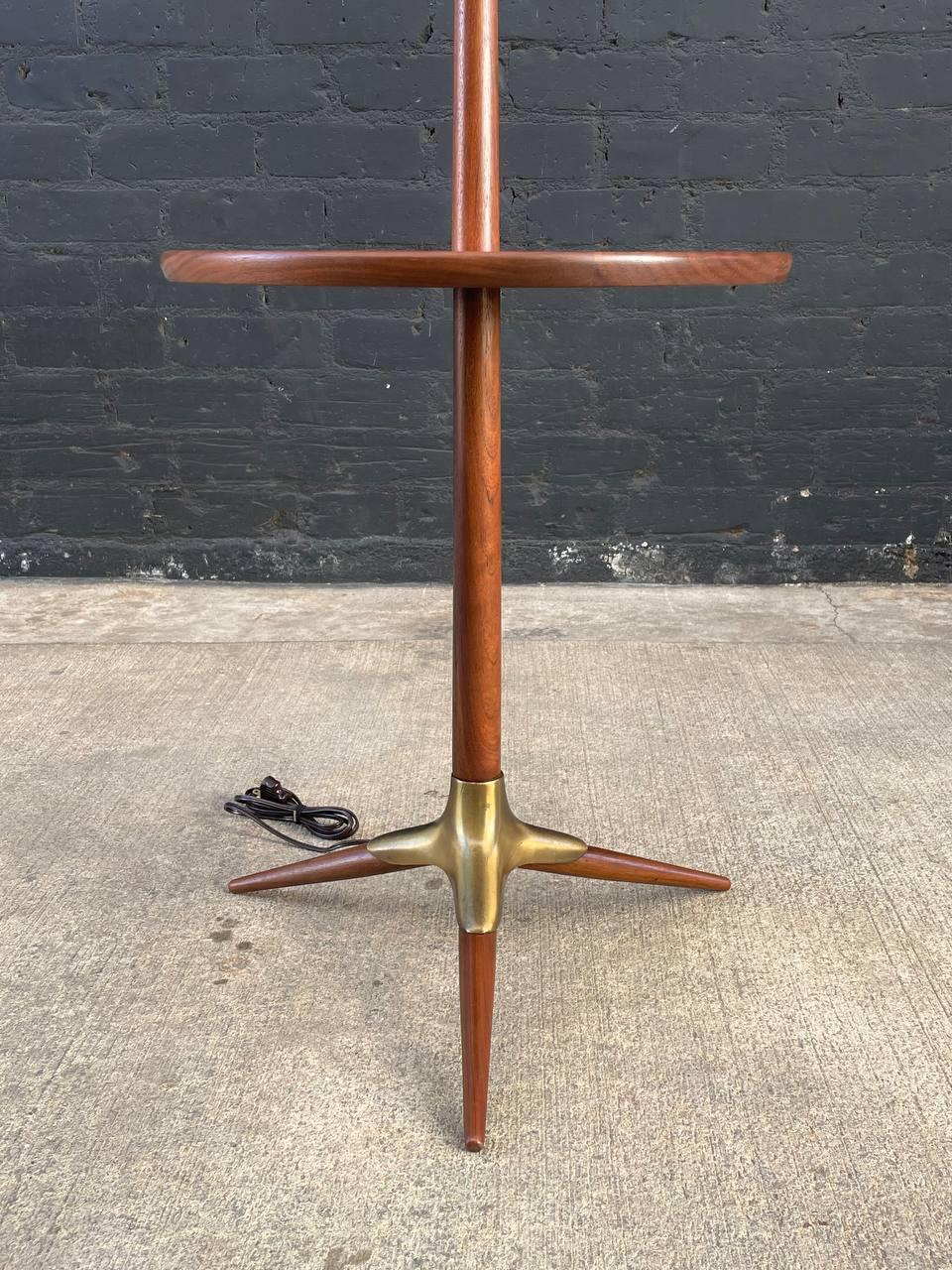 Newly Refinished - Mid-Century Modern Walnut & Brass Accent Tripod Floor Lamp For Sale 2