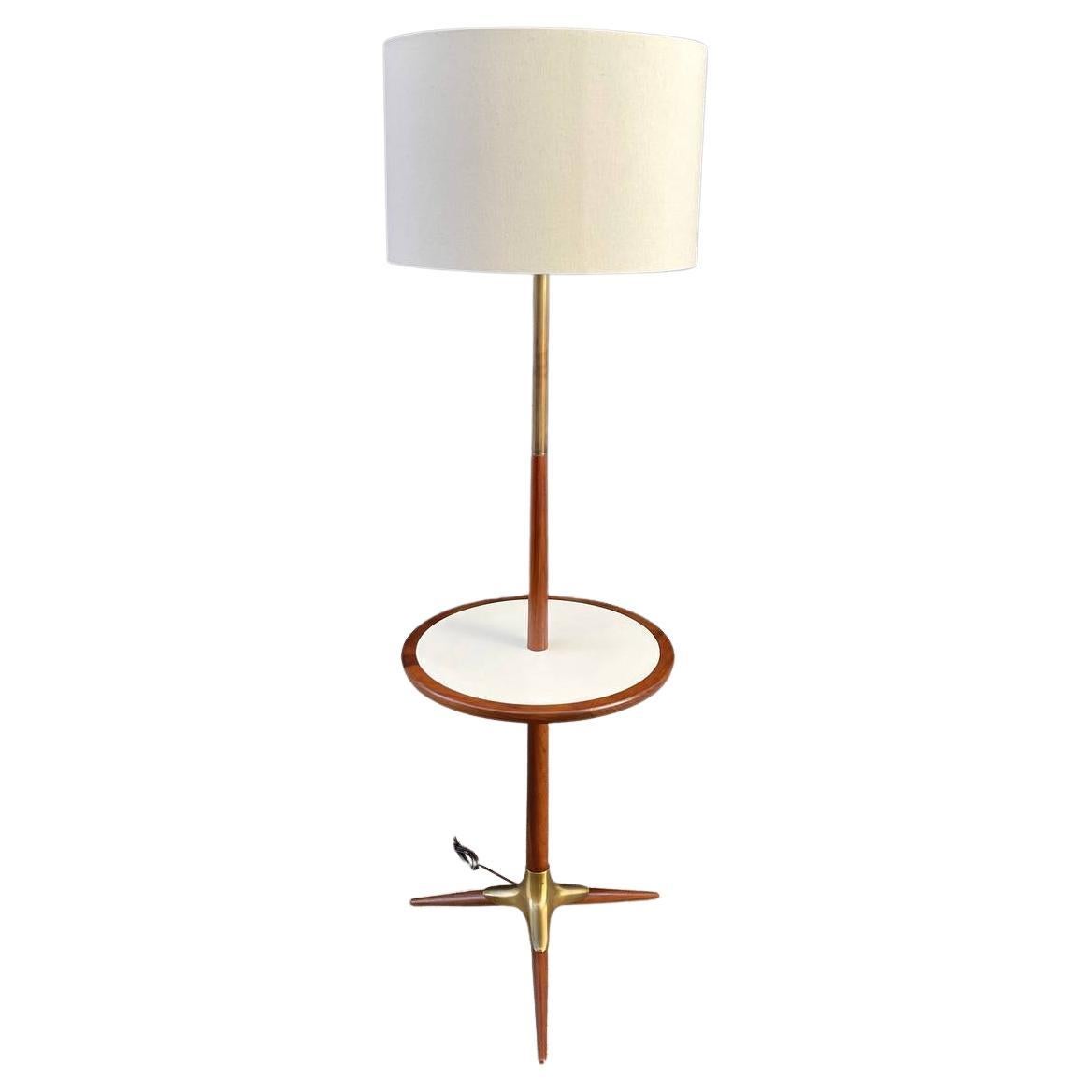 Newly Refinished - Mid-Century Modern Walnut & Brass Accent Tripod Floor Lamp For Sale