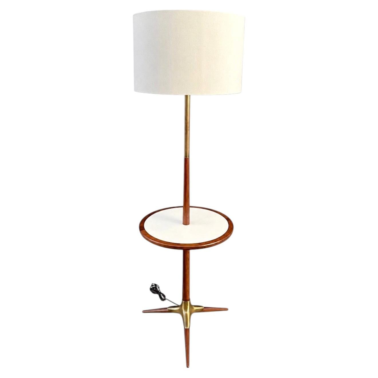 Newly Refinished - Mid-Century Modern Walnut & Brass Accent Tripod Floor Lamp