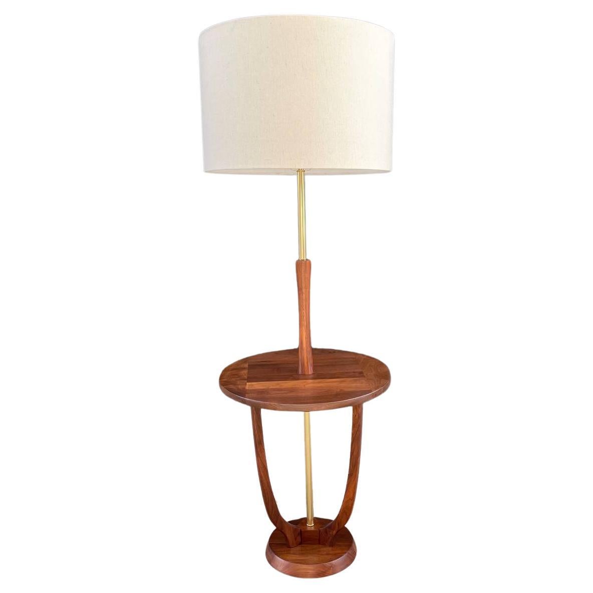 Newly Refinished - Mid-Century Modern Walnut & Brass Floor Lamp with Side Table For Sale