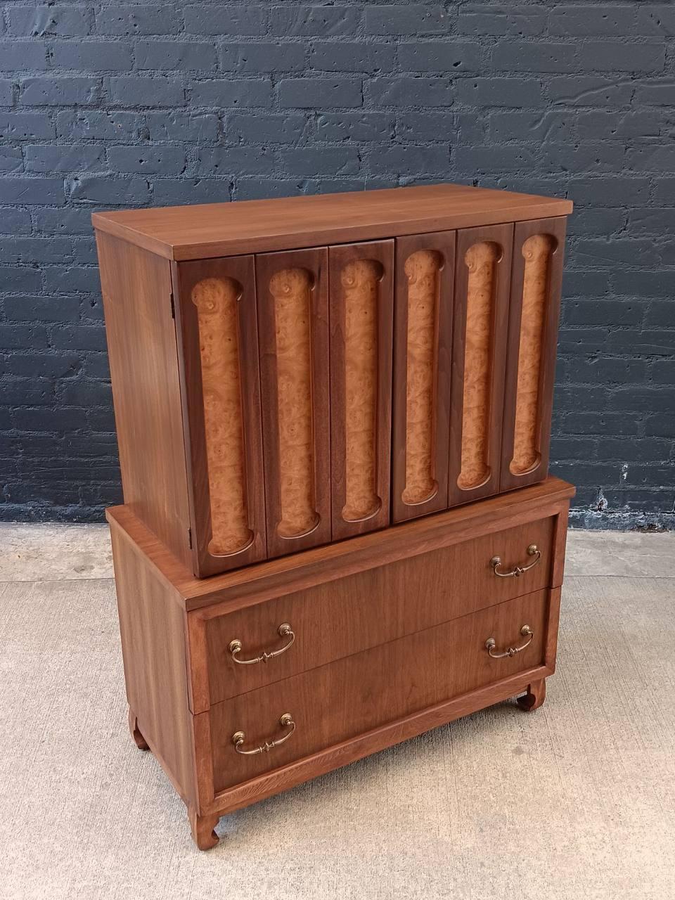 American Newly Refinished - Mid-Century Modern Walnut & Burl Wood Highboy Dresser