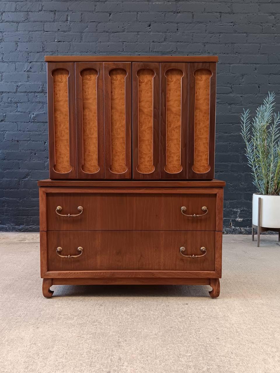 Newly Refinished - Mid-Century Modern Walnut & Burl Wood Highboy Dresser In Excellent Condition In Los Angeles, CA