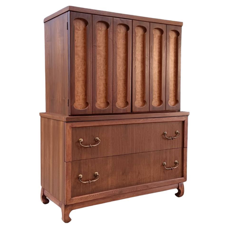 Newly Refinished - Mid-Century Modern Walnut & Burl Wood Highboy Dresser