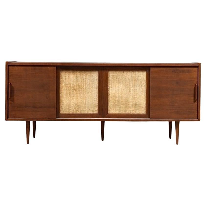 Newly Refinished - Mid-Century Modern Walnut Credenza w/ Cane Front Doors