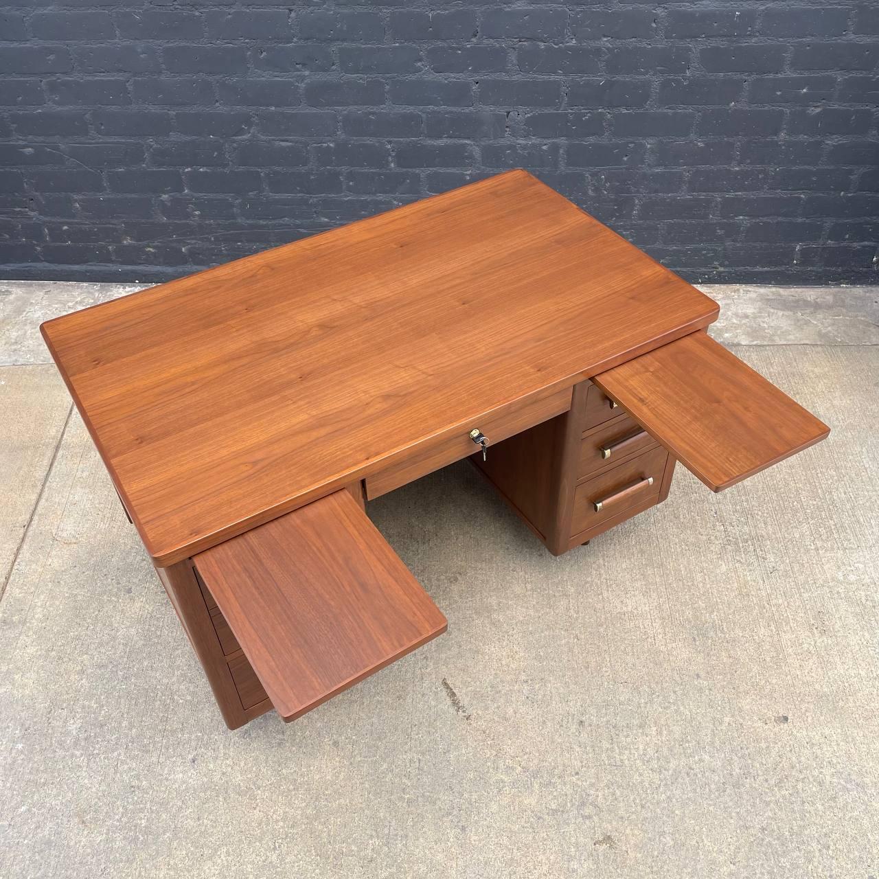 Brass Newly Refinished - Mid-Century Modern Walnut Desk with Finished Back For Sale