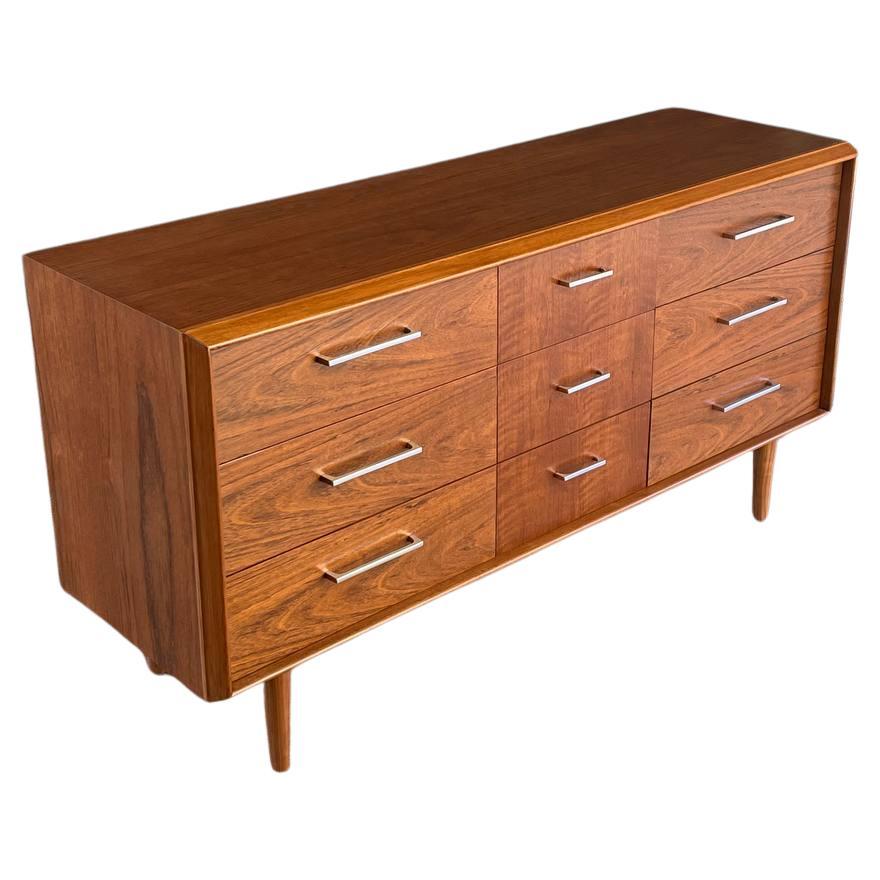 Newly Refinished - Mid-Century Modern Walnut Dresser with Chrome Handles by Lane For Sale
