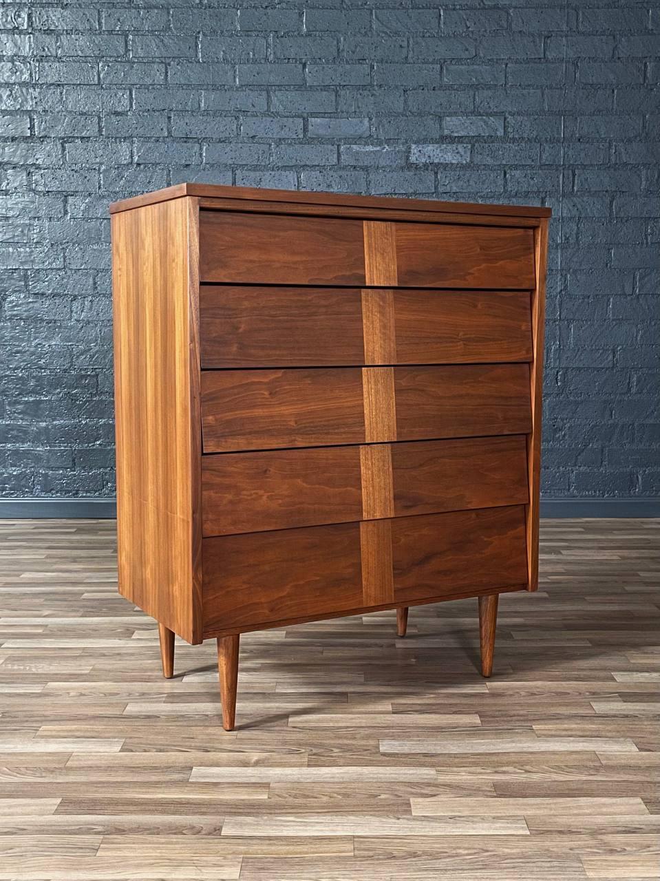 American Newly Refinished - Mid-Century Modern Walnut Highboy Dresser by Ward Furniture