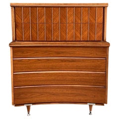 Newly Refinished - Mid-Century Modern Walnut Highboy Dresser with Curbed Drawers