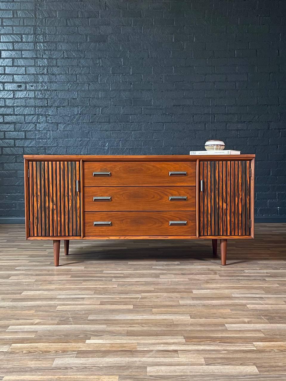 Mid-20th Century Newly Refinished - Mid-Century Modern Walnut & Rosewood Credenza For Sale