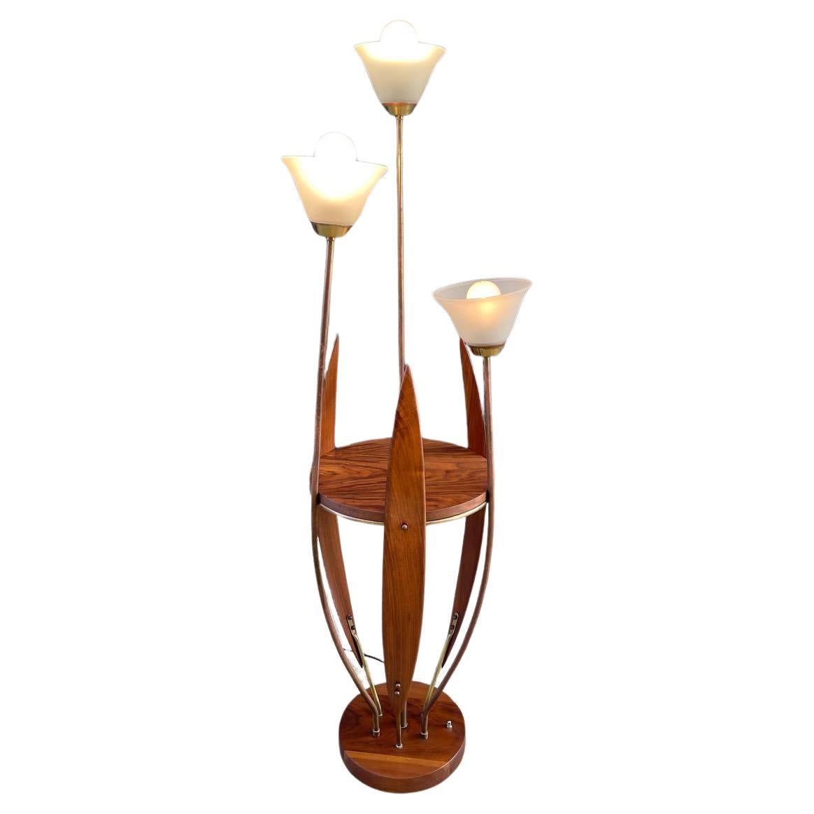 Newly Refinished - Mid-Century Modern Walnut Sculpted Walnut & Brass Floor Lamp For Sale