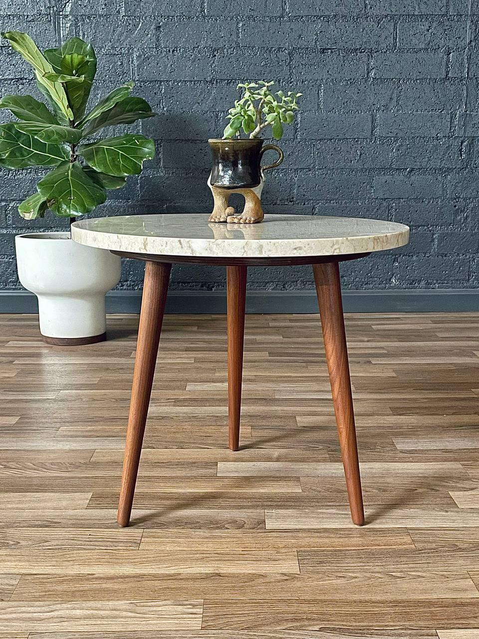 Mid-20th Century Newly Refinished - Mid-Century Modern Walnut Side Table w/ Crema Marfil Marble For Sale