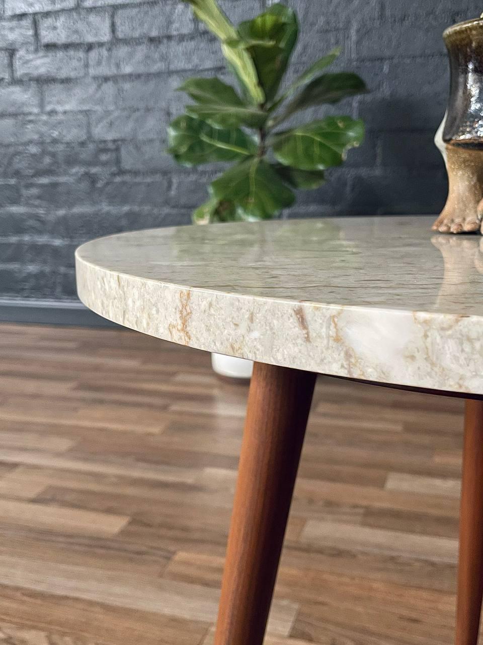 Newly Refinished - Mid-Century Modern Walnut Side Table w/ Crema Marfil Marble For Sale 4