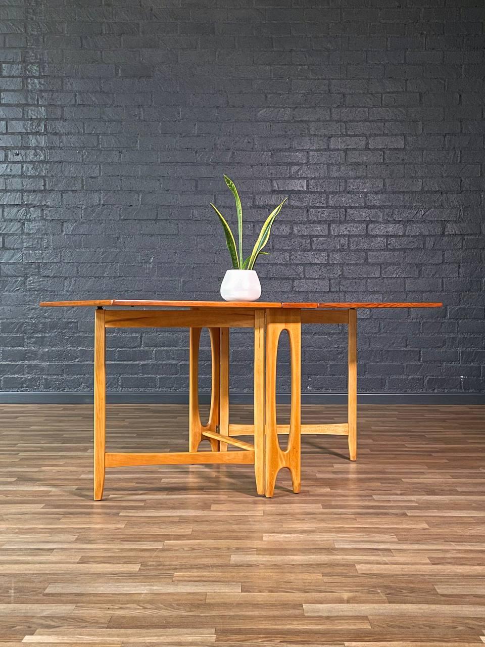 Scandinavian Modern Newly Refinished-Mid-Century Norwegian Modern Teak, Birch Drop Leaf Dining Table For Sale