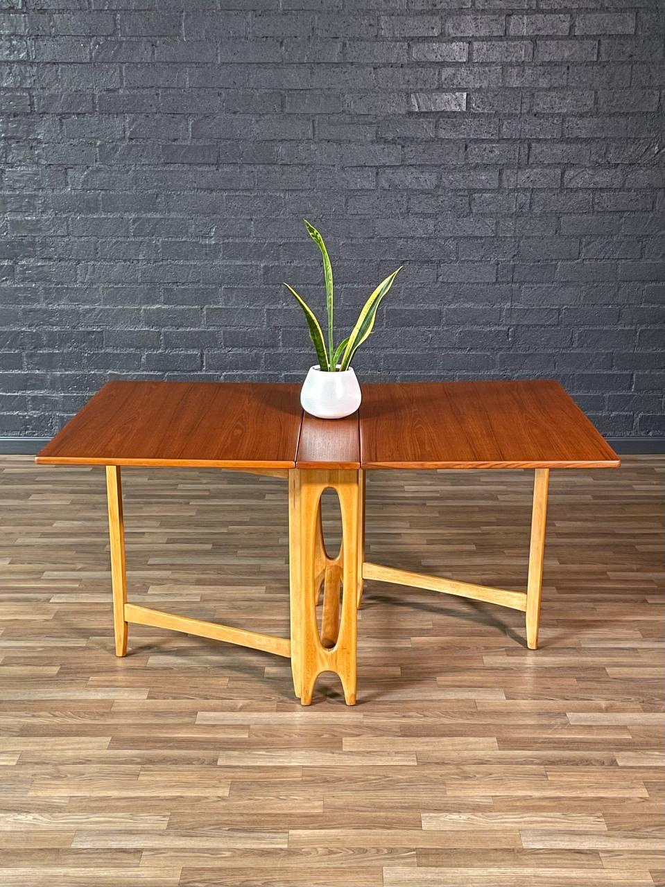 Newly Refinished-Mid-Century Norwegian Modern Teak, Birch Drop Leaf Dining Table For Sale 1