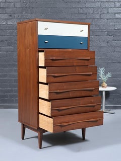 Newly Refinished - Mid-Century Two-Tone Blue & Beige Lacquered Highboy Dresser
