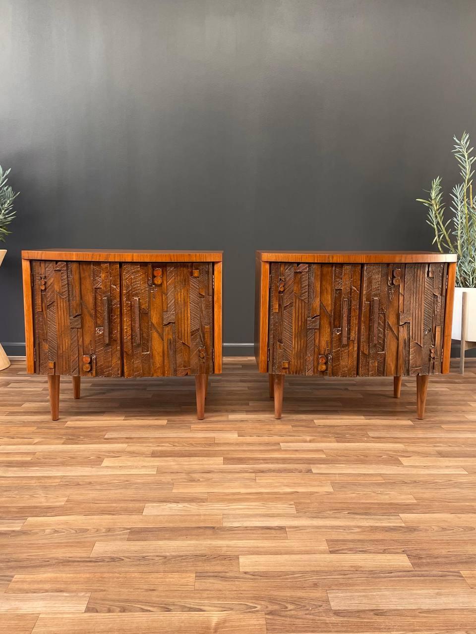 Walnut Newly Refinished - Pair of Mid-Century Modern Brutalist Night Stands by Lane