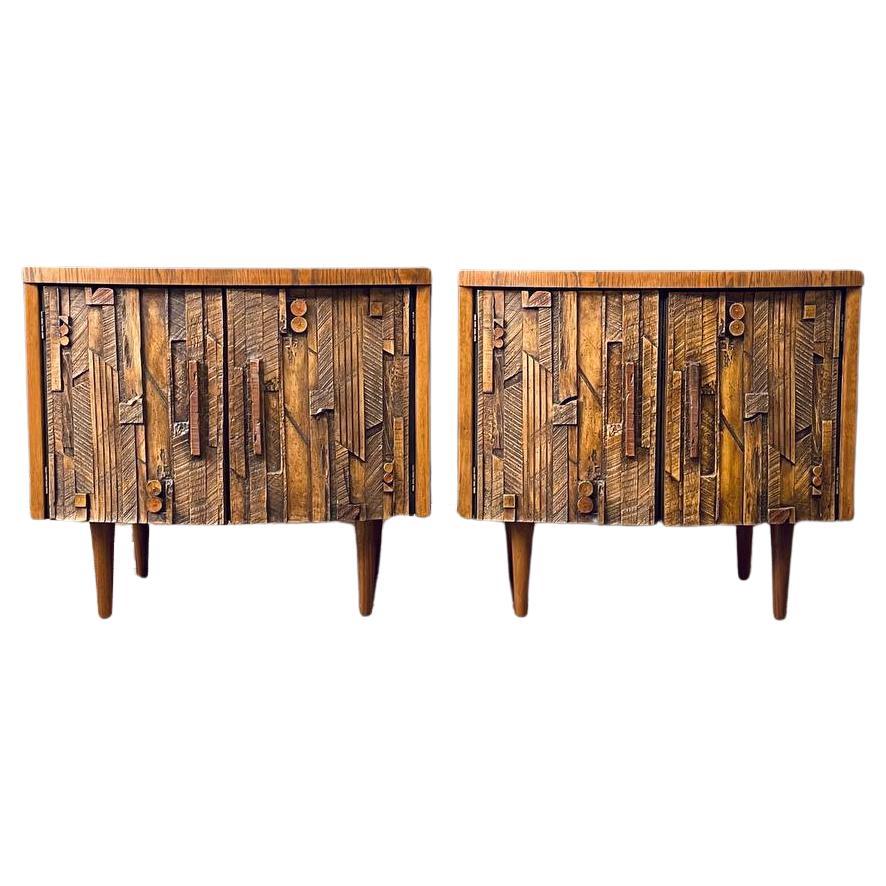 Newly Refinished - Pair of Mid-Century Modern Brutalist Night Stands by Lane For Sale