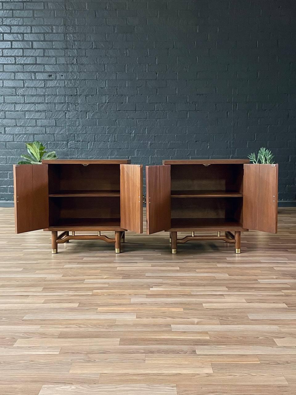Newly Refinished - Pair of Mid-Century Modern Night Stands with Brass Accents 1