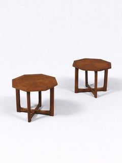 Newly Refinished - Pair of Mid-Century Modern Octagonal Walnut Side Tables