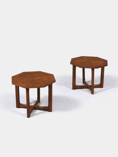 Newly Refinished - Pair of Mid-Century Modern Octagonal Walnut Side Tables