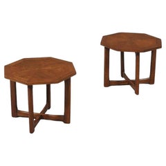 Newly Refinished - Pair of Mid-Century Modern Octagonal Walnut Side Tables