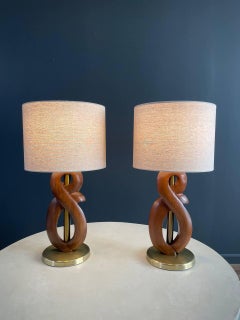 Newly Refinished -Pair of Mid-Century Modern Sculpted Walnut & Brass Table Lamps